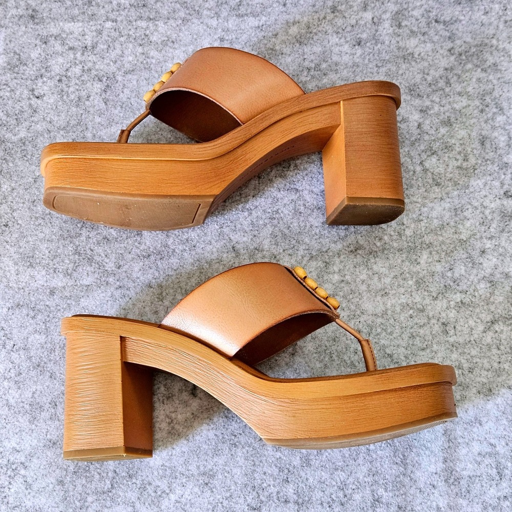 Lucky Brand Womens Tan Leather Beaded Thong Platform Block Heel Sandals Size 9M - Picture 5 of 10